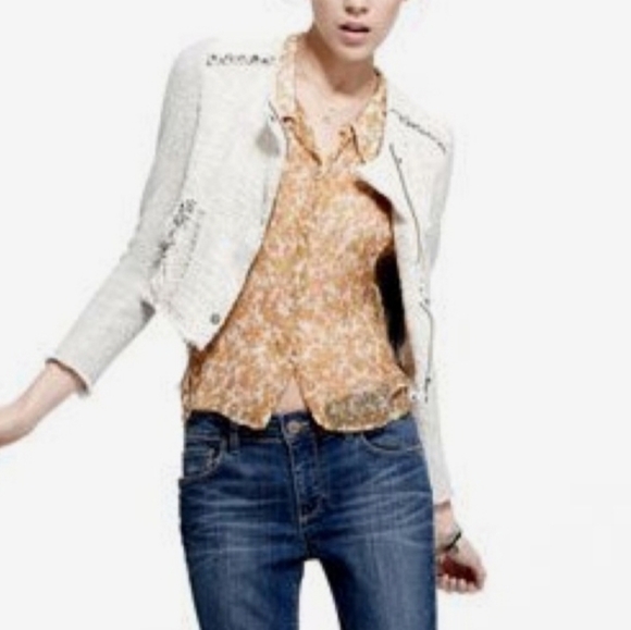 Free People Tattered Tweed Gray Cropped Moto Fleece Sleeve Jacket Size 6 - Picture 3 of 12